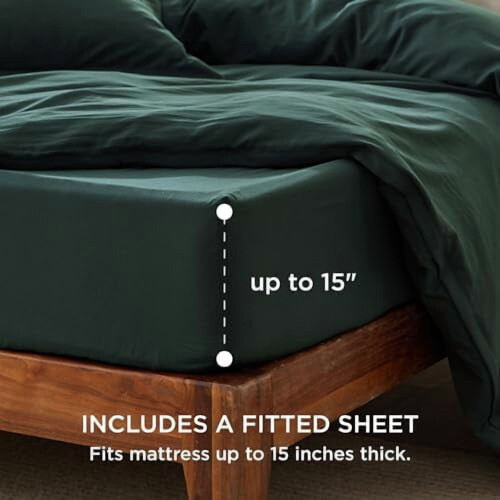Queen Duvet Cover Set Forest Green 4-Piece Prewashed 1