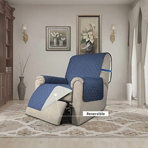 Reversible Water-Resistant Sofa Cover – Dark Blue & Ivory 1