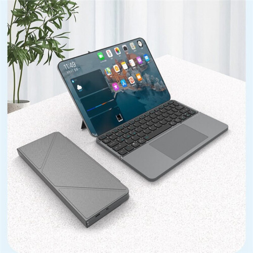 Wireless Folding Keyboard with Touchpad, Leather Cover, Stand, 64 Keys for Tablets Laptop 1