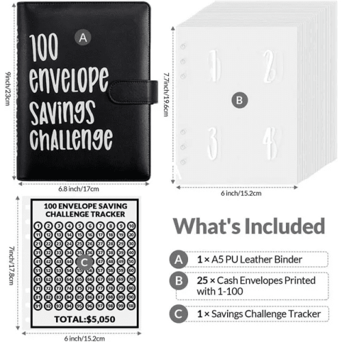 100-Envelope Money Saving Challenge Binder with Budget Tracker & Cash Envelopes – Save $5,050 (Black) 2