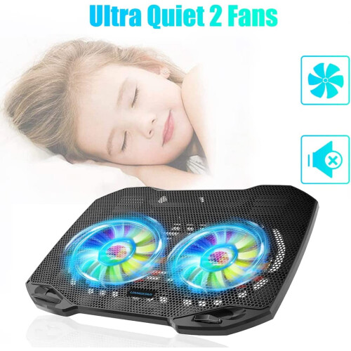 Base de resfriamento para laptop com 2 ventiladores silenciosos, luzes RGB e suporte USB para laptops de 11 a 15,6 polegadas, portátil para jogos, 1