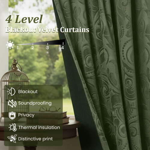 Crushed Velvet Curtains with Damask Pattern, 52" W x 84" H 1