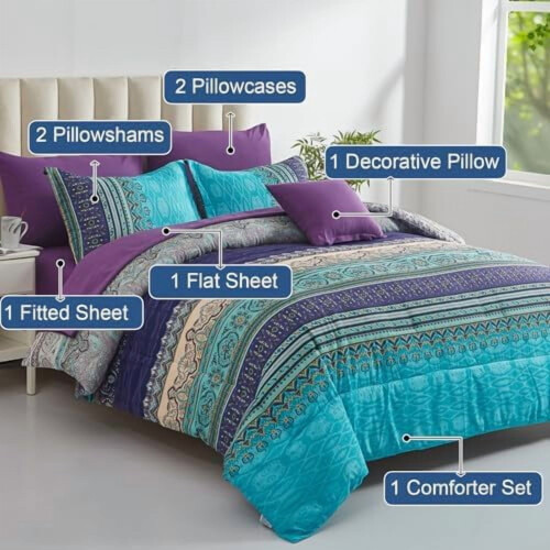 Boho comforter set full size 8-piece aqua paisley floral 1
