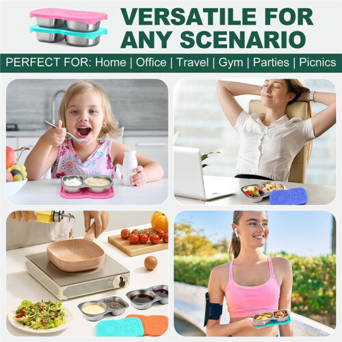 Lot de 4 Boîtes à Goûter en Acier Inoxydable, 150 Ml, Double Compartiment, avec Couvercles en Silicone Étanches 1