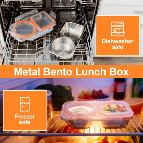 Boîte à Goûter en Acier Inoxydable, 400 Ml, 2 Compartiments, avec Couvercles Hermétiques et Étanches, Type Bento, Réutilisable