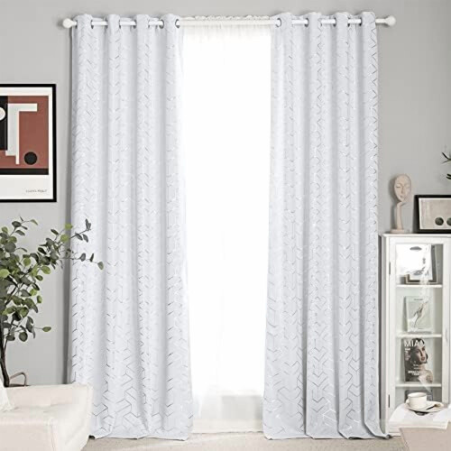 Greyish White Blackout Curtains with Silver Grommets, 2 1