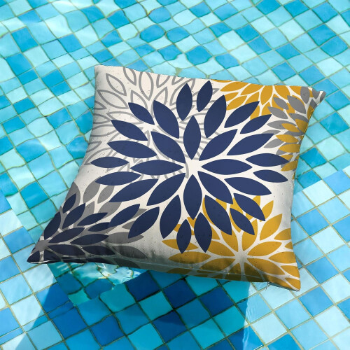Blomsterputetrekk blå gul polyester 18x18 tommer sett 1