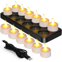 12 Wiederaufladbare Teelichter, Flammenlos, Flackernd, mit Fernbedienung, Timer und Ladestation, Dekoration