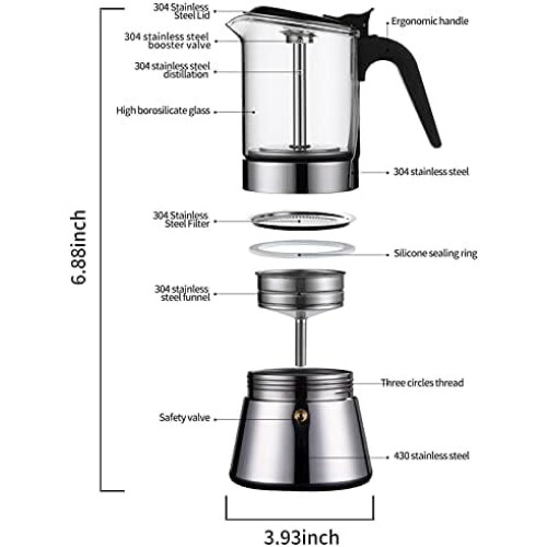 Ιταλική κατσαρόλα Moka με γυάλινο καπάκι και βαλβίδα ασφαλείας, 240ml 1