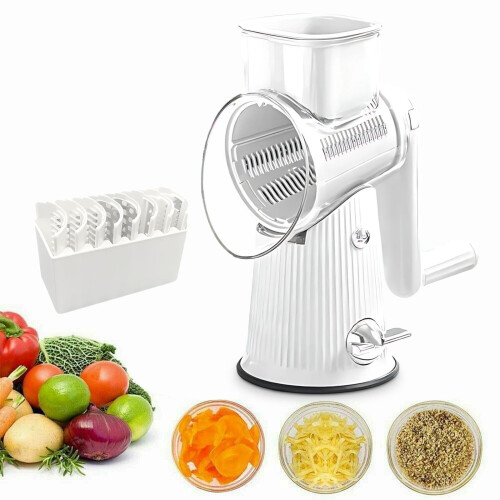 5-in-1Rotary Cheese Grater with Handle, 5Replaceable Stainless Blades & Strong Suction Base (White) 1