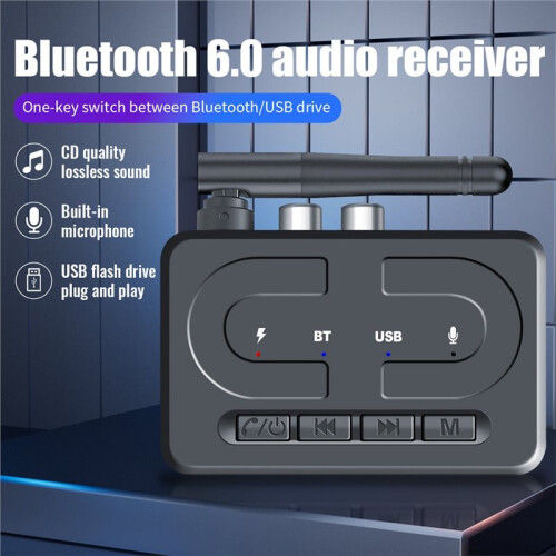 Receptor Áudio  6.0 com Entradas AUX e RCA 3,5 mm,Microfone e Adaptador Estéreo Hi-Fi Sem Fio,Compatível com USB e Pen Drive,para 2