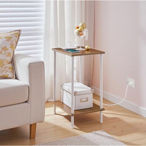 Side Table with Charging Station USB Outlets 2-Tier Walnut 1