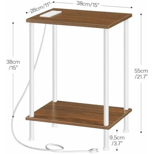 Side Table with Charging Station USB Outlets 2-Tier Walnut 2