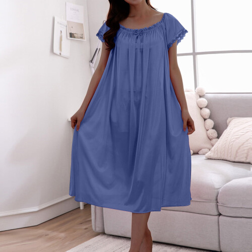 Νυχτικά Plus Size για γυναίκες, Εκπτώσεις, Μονόχρωμο Φόρεμα Πυτζάμας με Κοντομάνικο 1
