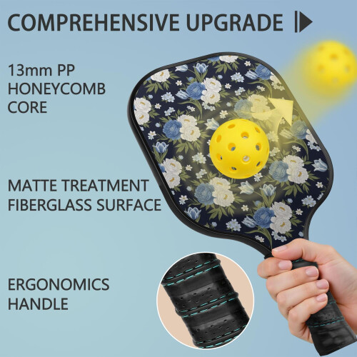 Σετ κουπιών Pickleball με κουπιά από fiberglass σε σχέδια λουλουδιών, 2 μπάλες και τσάντα – 1