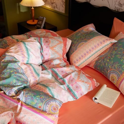 Boho Comforter Set Coral Green Queen Size 3 Pieces 2
