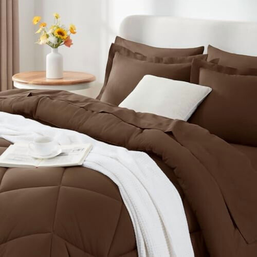 Σετ παπλωμάτων Queen-Size Brown – Κρεβάτι 7 τεμαχίων σε τσάντα, Πολυτελές μαλακό σετ για 2