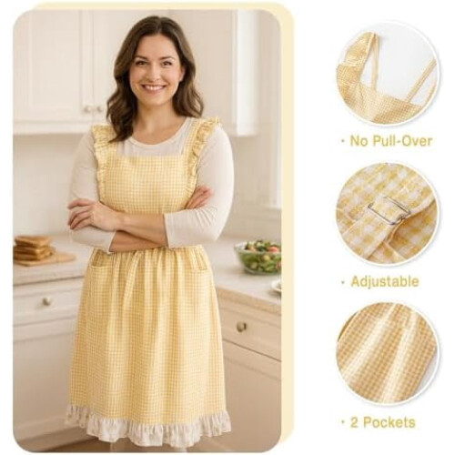 Abito grembiule vintage da donna a quadretti in cotone con 2