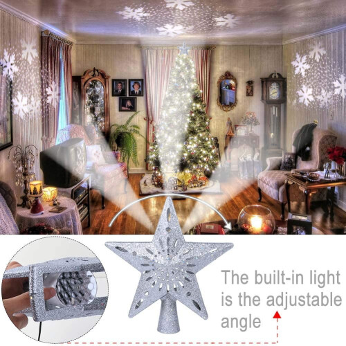Lighted 3D Hollow Star Tree Topper with Rotating Snowflake Projector, Silver – Compatible with Standard Tree Tops 2