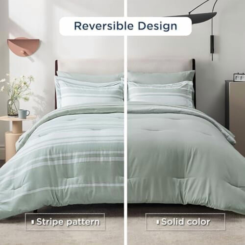 Twin Comforter Set Sage Green Striped Reversible 5-Piece 2