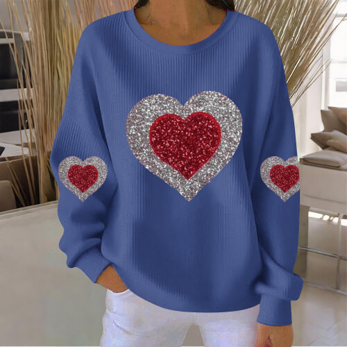 Damen-Sweatshirt zum Valentinstag mit Herzprint, geripptem Rundhalsausschnitt, lässigem Langarm-Pullover 1