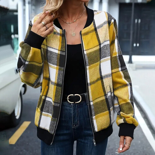 Dame flannel ternet shacket langærmet efterårsfrakke gul M 1