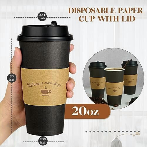 Μαύρα ποτήρια καφέ μιας χρήσης 12oz με καπάκια, μανίκια & 1