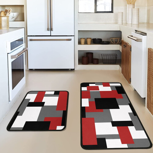 Modern Kitchen Runner Rugs, Red Black White Patterns, 17" x 30" + 17" x 48", (2 Count) 1