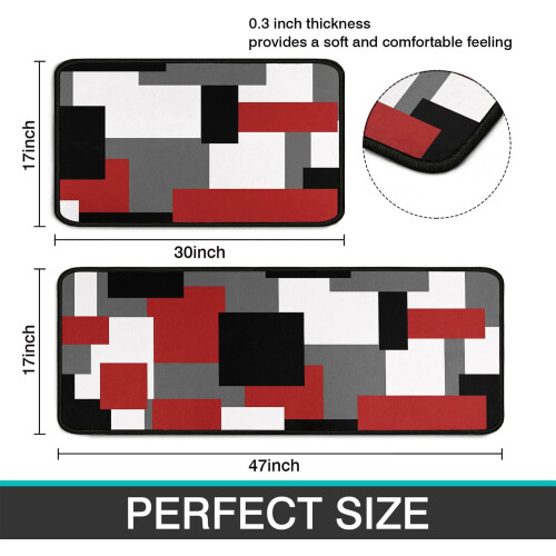Modern Kitchen Runner Rugs, Red Black White Patterns, 17" x 30" + 17" x 48", (2 Count) 2