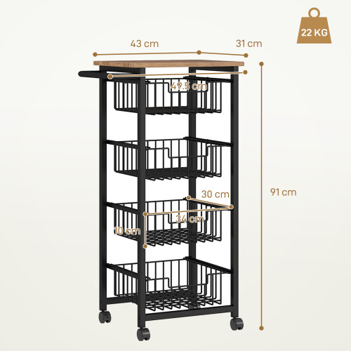 Homcom HOMCOM 4-Tier Kitchen Island on Wheels with 4 Pull-Out Baskets, Oak 2