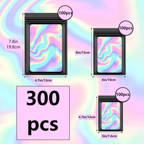 300 τεμάχια μαύρες ολογραφικές τσάντες Mylar – 3 μεγέθη, 1