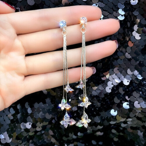 Brincos de borboleta com pingente de cristal prateado para mulheres 2