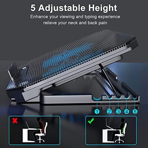 Base de resfriamento para laptop com altura ajustável, duas ventoinhas de 5,1 polegadas e duas portas USB, adequada para laptops de 12" a 15,6" 2
