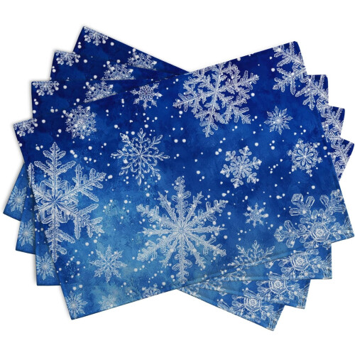 Tischsets mit Schneeflockenmuster in Winterblau, Leinen, 4er-Set 1