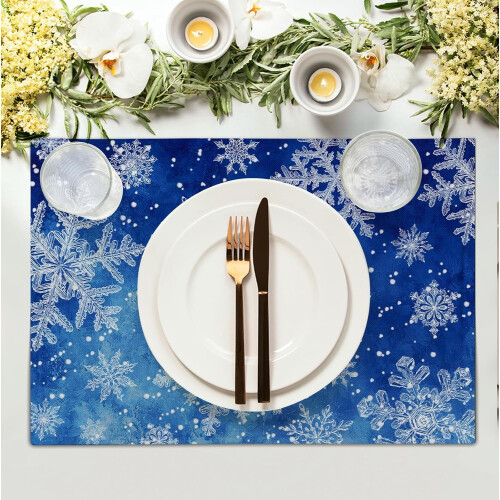 Tischsets mit Schneeflockenmuster in Winterblau, Leinen, 4er-Set 2