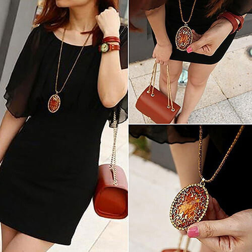 Colar feminino vintage com pingente oco de âmbar e corrente longa. 1