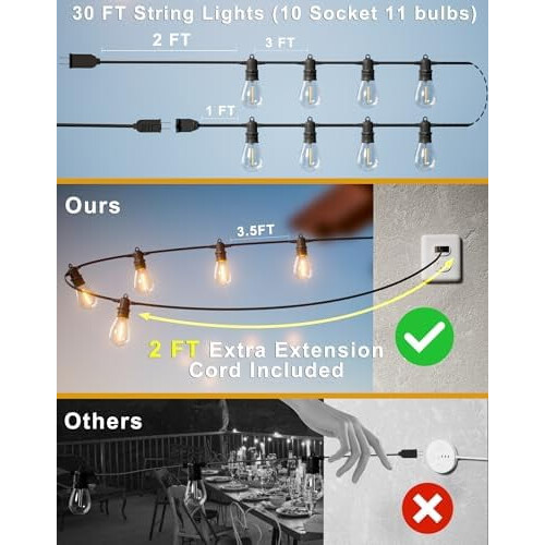 60ft Vintage Edison LED String Lights, S14 Bulbs, IP65 1