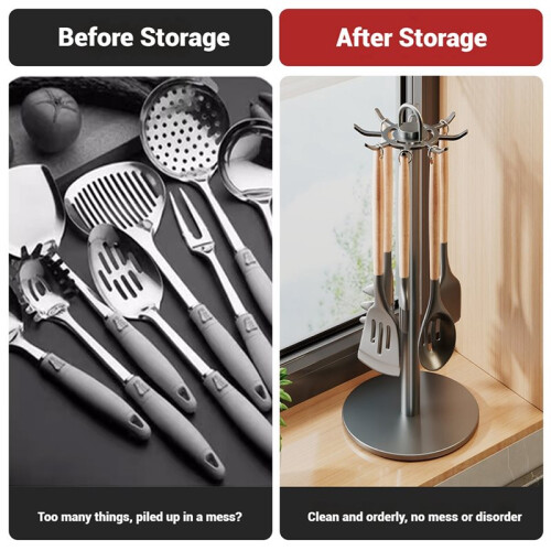 Kitchen Utensil Stand Rotating Storage Hanger with 8 Hooks,for Countertop Organization Rotatable Cooking Utensils Grey 1