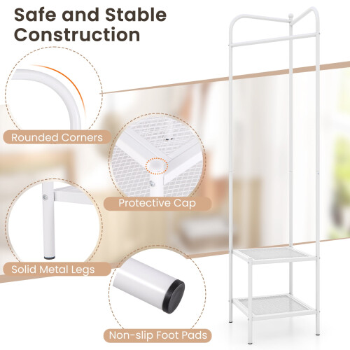 Corner Hall Tree, Freestanding Entryway Coat Storage Rack w/Shelves, White 2