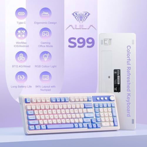 Clavier sans fil S99 : Tri-mode (Bluetooth/2,4 GHz/USB-C), rétroéclairage RVB, pavé numérique, molette multimédia — Compatible avec Mac, 1