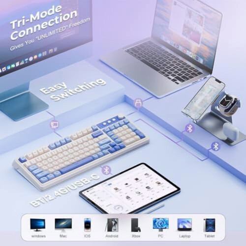 Clavier sans fil S99 : Tri-mode (Bluetooth/2,4 GHz/USB-C), rétroéclairage RVB, pavé numérique, molette multimédia — Compatible avec Mac, 2