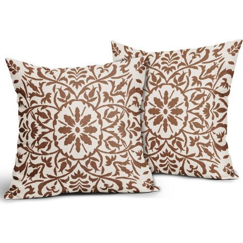 Καφέ μαξιλαροθήκες Boho 20x20", Vintage εκτύπωση λουλουδιών, λινά τετράγωνα μαξιλάρια, 1