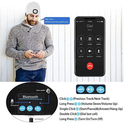 Gorro Morttic com Bluetooth, farol de LED, recarregável e mãos-livres, compatível com dispositivos Bluetooth – Branco 2