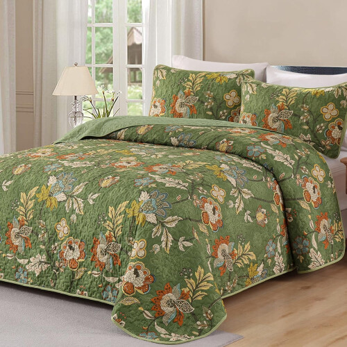 Queen Quilt Set 3-Piece Green Floral Microfiber 2