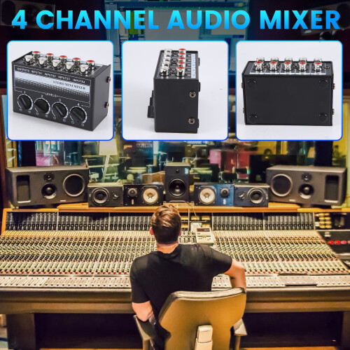 4 Channel Stereo Audio Mixer Support RCA Input and Output  Passive Stereo Mixer with Separate Volume Controls 2