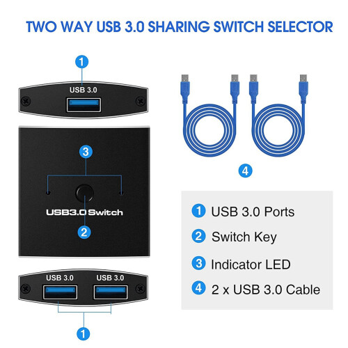 USB 3.0  Selector KVM  5Gbps 2 in 1 Out USB  USB 3.0 Two-Way Sharer for Printer Keyboard Mouse Sharing 2