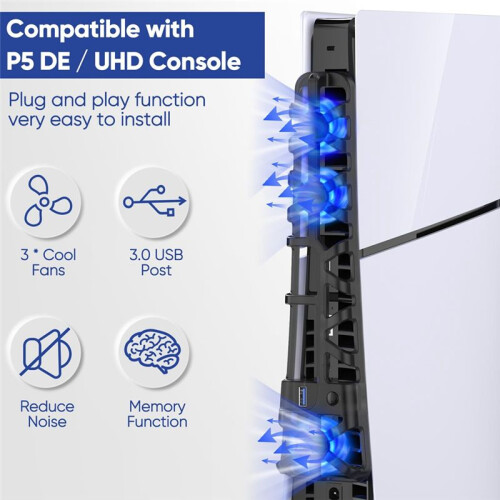 Cooling Fan for PS5 Slim Console, Quiet Cooling System with Memory Function and LED Light, Cooler Accessories -Black 2