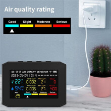 Luftkvalitetsmonitor Inomhus, Luftkvalitetsdetektor med Tidsdatumvisning och VäCkarklocka, CO2-Monitor Svart