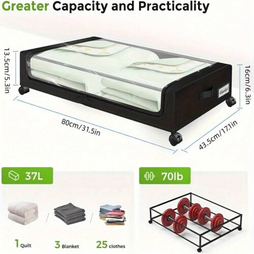 2-Pack Under Bed Storage Boxes with Wheels, Clear Lid and 1