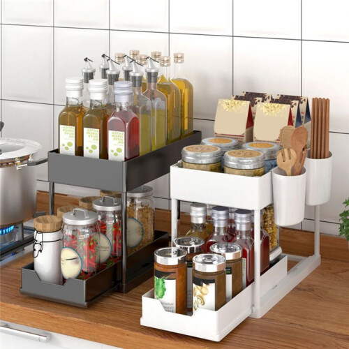 Multifunctional Kitchen Rack Pull-Out Spice Rack Double-Layer Cabinet Storage Rack Black 1